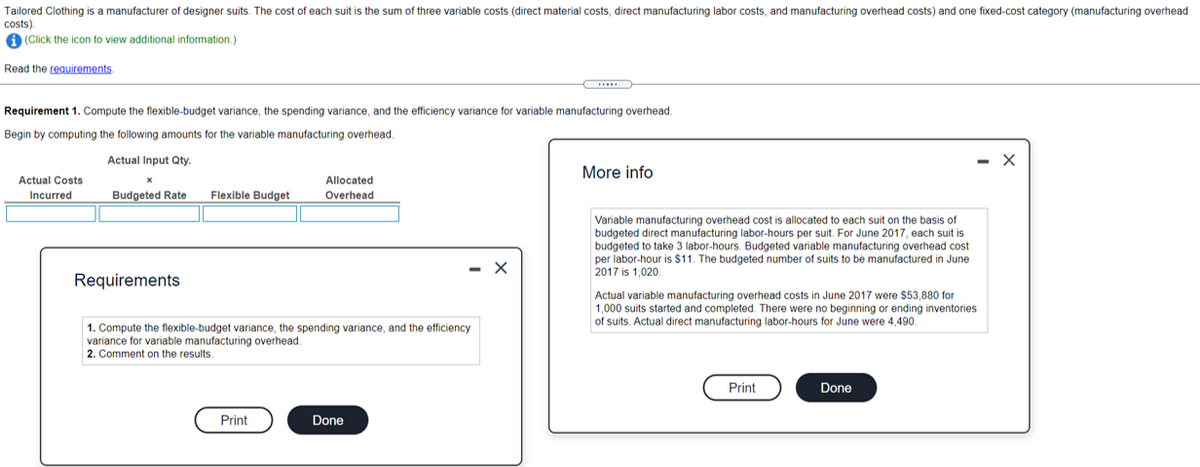 Tailored Clothing is a manufacturer of designer suits. The cost of each suit is the sum of three variable costs (direct material costs, direct manufacturing labor costs, and manufacturing overhead costs) and one fixed-cost category (manufacturing overhead
costs).
A (Click the icon to view additional information.)
Read the requirements
Requirement 1. Compute the flexible-budget variance, the spending variance, and the efficiency variance for variable manufacturing overhead.
Begin by computing the following amounts for the variable manufacturing overhead.
Actual Input Qty.
- X
More info
Actual Costs
Allocated
Incurred
Budgeted Rate
Flexible Budget
Overhead
Variable manufacturing overhead cost is allocated to each suit on the basis of
budgeted direct manufacturing labor-hours per suit. For June 2017, each suit is
budgeted to take 3 labor-hours. Budgeted variable manufacturing overhead cost
per labor-hour is $11. The budgeted number of suits to be manufactured in June
2017 is 1,020.
- X
Requirements
Actual variable manufacturing overhead costs in June 2017 were $53,880 for
1,000 suits started and completed. There were no beginning or ending inventories
of suits, Actual direct manufacturing labor-hours for June were 4,490.
1. Compute the flexible-budget variance, the spending variance, and the efficiency
variance for variable manufacturing overhead.
2. Comment on the results.
Print
Done
Print
Done
