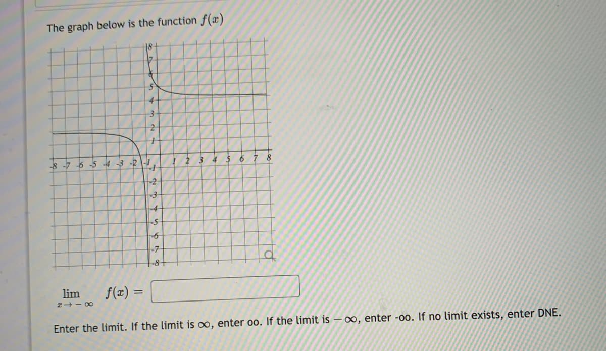 The graph below is the function f(x)
18-
17
4
2
-8 -7
-6 -5 -4 -3 -2 1-7
6.
7 8
-2
-4
-5
-7
1-8+
lim
f(x) =
I- - 00
Enter the limit. If the limit is ∞, enter oo. If the limit is – ∞, enter -oo. If no limit exists, enter DNE.
