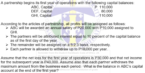 A partnership begins its first year of operations with the following capital balances:
P 110,000
ABC, Capital
DEF, Capital
GHI, Capital
80,000
110,000
According to the articles of partnership, all profits will be assigned as follows:
➤ ABC will be awarded an annual salary of P20,000 with P10,000 assigned to
GHI.
> The partners will be attributed interest equal to 10 percent of the capital balance
as of the first day of the yeared on a 5:2.3 basis, resp
respectively.
> Each partner is allowed to withdraw up to P10,000 per year.
Reminder from the Student Handbook: Code of Ethics-24.
Assume that the net loss for the first year of operations is P30,000 and that net income
for the subsequent year is P40,000. Assume also that each partner withdraws the
maximum amount from the business each period. What is the balance in ABC's capital
account at the end of the first year?admission with invalidation of grade