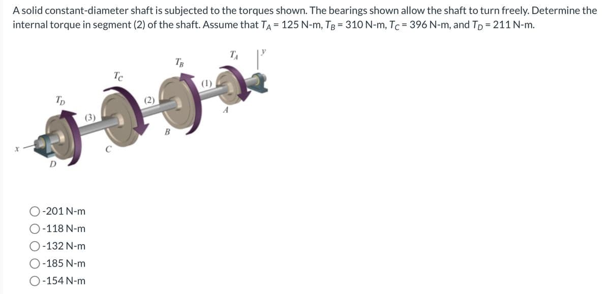 A solid constant-diameter shaft is subjected to the torques shown. The bearings shown allow the shaft to turn freely. Determine the
internal torque in segment (2) of the shaft. Assume that TA = 125 N-m, TB = 310 N-m, Tc = 396 N-m, and Tp = 211 N-m.
X
Tp
D
-201 N-m
O-118 N-m
-132 N-m
-185 N-m
O-154 N-m
C
Tc
B
TB
(1)
TA