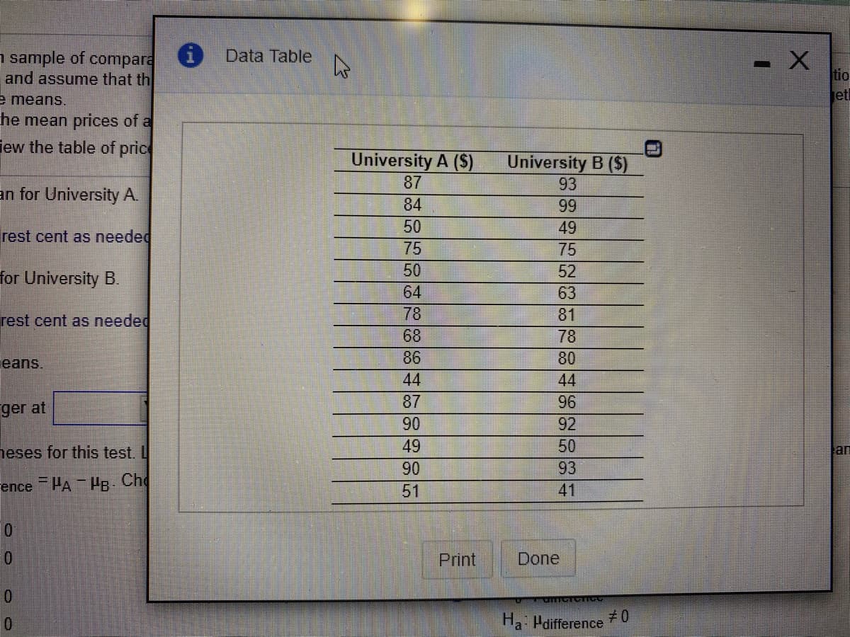 Data Table
n sample of compara
and assume that th
tio
e means.
et
he mean prices of a
jew the table of pric
University A (S)
87
University B ($)
93
99
an for University A.
84
50
49
rest cent as needed
75
75
50
52
for University B.
64
63
rest cent as needed
78
81
68
78
eans.
86
80
44
44
87
96
ger at
90
92
heses for this test. L
49
50
an
90
93
ence HA He Cho
41
51
Print
Done
Ha Pdifference
