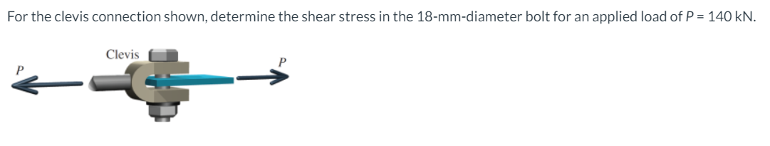 For the clevis connection shown, determine the shear stress in the 18-mm-diameter bolt for an applied load of P = 140 kN.
Clevis
