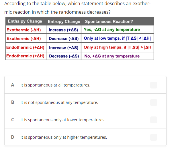 According to the table below, which statement describes an exother-
mic reaction in which the randomness decreases?
Enthalpy Change Entropy Change Spontaneous Reaction?
Exothermic (-AH)
Increase (+AS) Yes, -AG at any temperature
Exothermic (-AH)
Decrease (-AS) Only at low temps, if |T AS| < |AH|
Endothermic (+AH) Increase (+AS) Only at high temps, if |T AS| > |AH|
Endothermic (+AH) | Decrease (-AS) No, +AG at any temperature
A
It is spontaneous at all temperatures.
B
It is not spontaneous at any temperature.
C I t is spontaneous only at lower temperatures.
D
It is spontaneous only at higher temperatures.
