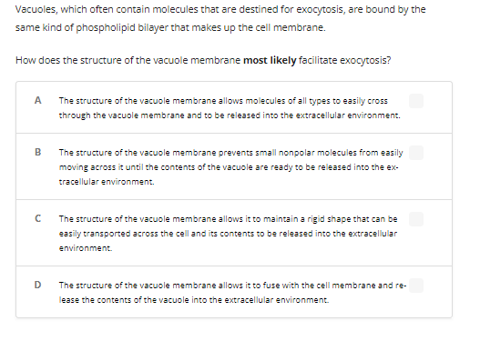 Vacuoles, which often contain molecules that are destined for exocytosis, are bound by the
same kind of phospholipid bilayer that makes up the cell membrane.
How does the structure of the vacuole membrane most likely facilitate exocytosis?
A The structure of the vacuole membrane allows molecules of all types to easily cross
through the vacuole membrane and to be released into the extracellular environment.
B
с
D
The structure of the vacuole membrane prevents small nonpolar molecules from easily
moving across it until the contents of the vacuole are ready to be released into the ex-
tracellular environment.
The structure of the vacuole membrane allows it to maintain a rigid shape that can be
easily transported across the cell and its contents to be released into the extracellular
environment.
The structure of the vacuole membrane allows it to fuse with the cell membrane and re-
lease the contents of the vacuole into the extracellular environment.