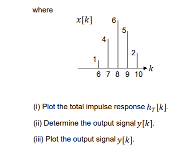 where
x[k]
6
5
2
6 7 8 9 10
k
(i) Plot the total impulse response hτ [k].
(ii) Determine the output signal y[k].
(iii) Plot the output signal y[k].