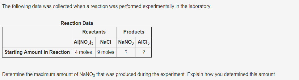 The following data was collected when a reaction was performed experimentally in the laboratory.
Reaction Data
Reactants
Products
Al(NO3)3
Naci NaNO3 AICI3
Starting Amount in Reaction 4 moles 9 moles
?
?
Determine the maximum amount of NaNO3 that was produced during the experiment. Explain how you determined this amount.
