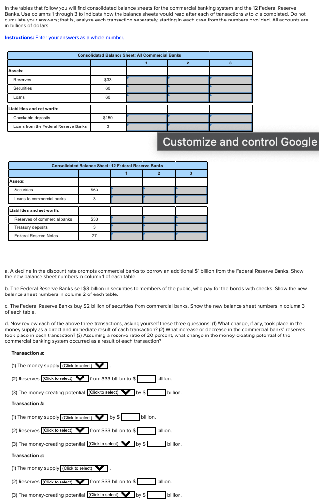 In the tables that follow you will find consolidated balance sheets for the commercial banking system and the 12 Federal Reserve
Banks. Use columns 1 through 3 to indicate how the balance sheets would read after each of transactions a to cis completed. Do not
cumulate your answers; that is, analyze each transaction separately, starting in each case from the numbers provided. All accounts are
in billions of dollars.
Instructions: Enter your answers as a whole number.
Consolidated Balance Sheet: All Commercial Banks
1
2
Assets:
Reserves
$33
Securities
60
Loans
60
Liabilities and net worth:
Checkable deposits
$150
Loans from the Federal Reserve Banks
3
Customize and control Google
Consolidated Balance Sheet: 12 Federal Reserve Banks
1
Assets:
Securities
$60
Loans to commercial banks
3
Liabilities and net worth:
Reserves of commercial banks
$33
Treasury deposits
3
Federal Reserve Notes
27
a. A decline in the discount rate prompts commercial banks to borrow an additional $1 billion from the Federal Reserve Banks. Show
the new balance sheet numbers in column 1 of each table.
b. The Federal Reserve Banks sell $3 billion in securities to members of the public, who pay for the bonds with checks. Show the new
balance sheet numbers in column 2 of each table.
c. The Federal Reserve Banks buy $2 billion of securities from commercial banks. Show the new balance sheet numbers in column 3
of each table.
d. Now review each of the above three transactions, asking yourself these three questions: (1) What change, if any, took place in the
money supply as a direct and immediate result of each transaction? (2) What increase or decrease in the commercial banks' reserves
took place in each transaction? (3) Assuming a reserve ratio of 20 percent, what change in the money-creating potential of the
commercial banking system occurred as a result of each transaction?
Transaction a:
(1) The money supply (Click to select) V
(2) Reserves (Click to select)
V
from $33 billion to $
billion
(3) The money-creating potential (Click to select)
by $
billion.
Transaction b:
(1) The money supply (Click to select) V by $
billion.
(2) Reserves (Click to select) V from $33 billion to
billion.
(3) The money-creating potential (Click to select)
by $
billion.
Transaction c
(1) The money supply (Click to select)
(2) Reserves (Click to select)
7from $33 billion to $
billion.
(3) The money-creating potential (Click to select)
by $
billion.
