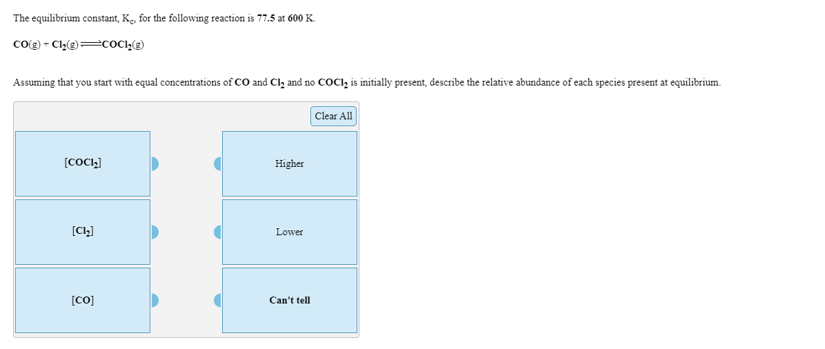 The equilibrium constant, K, for the following reaction is 77.5 at 600 K.
Co(g) + Cl2(g) = COC12(g)
Assuming that you start with equal concentrations of CO and Cl, and no COCI, is initially present, describe the relative abundance of each species present at equilibrium.
Clear All
[COCIL]
Higher
[CL]
Lower
[CO]
Can't tell
