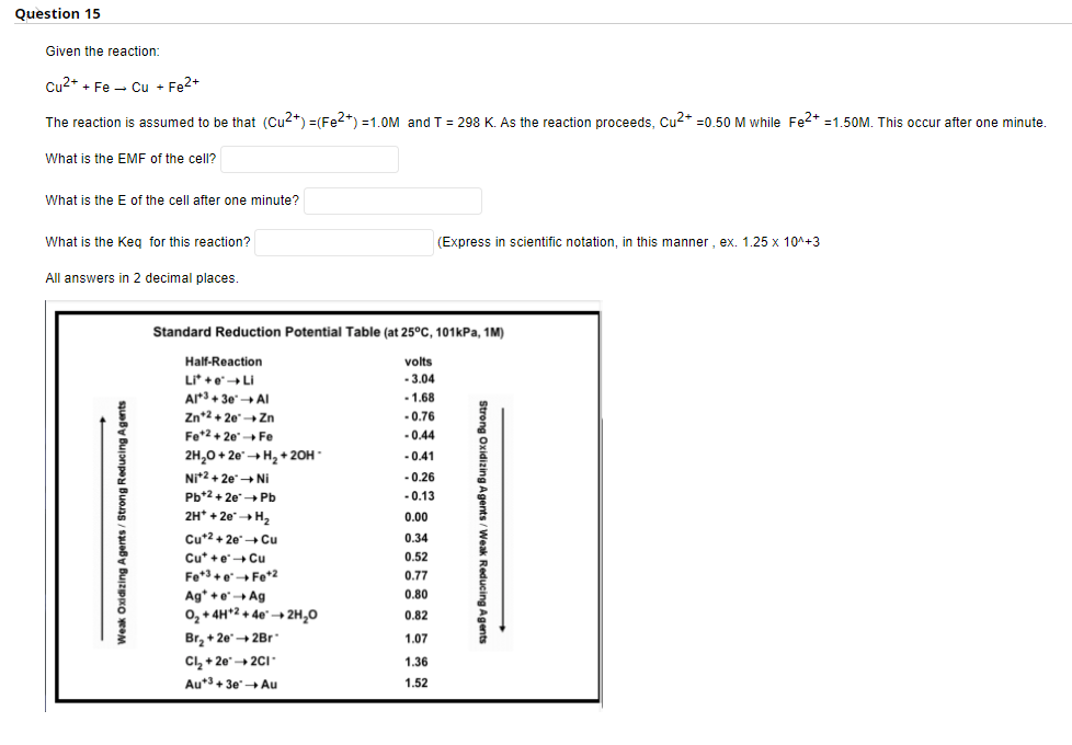 Question 15
Given the reaction:
Cu2+ + Fe Cu + Fe2+
The reaction is assumed to be that (Cu²+) =(Fe2+) = 1.0M and T = 298 K. As the reaction proceeds, Cu²+ =0.50 M while Fe2+ =1.50M. This occur after one minute.
What is the EMF of the cell?
What is the E of the cell after one minute?
What is the Keq for this reaction?
(Express in scientific notation, in this manner, ex. 1.25 x 10^+3
All answers in 2 decimal places.
Weak Oxidizing Agents/Strong Reducing Agents
Standard Reduction Potential Table (at 25°C, 101kPa, 1M)
Half-Reaction
Lit+e → Li
Al+3+3e → Al
volts
-3.04
-1.68
-0.76
Zn+2 +2e → Zn
Fe +2 +2e → Fe
-0.44
2H₂O +2e → H₂ + 2OH-
-0.41
Ni+2 +2e → Ni
-0.26
Pb+2 +2e → Pb
-0.13
0.00
2H+ + 2e →→ H₂
Cu+² +2e → Cu
0.34
0.52
Cu* + e → Cu
Fe+3+eFe +2
0.77
Ag* + e → Ag
0.80
O₂ + 4H2+4e2H₂O
0.82
Br₂ +2e →→2Br
1.07
Cl₂ +2e →→2C1-
1.36
Au +3+3e → Au
1.52
Strong Oxidizing Agents/Weak Reducing Agents