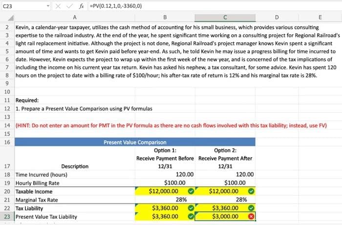 C23
B
2 Kevin, a calendar-year taxpayer, utilizes the cash method of accounting for his small business, which provides various consulting
3 expertise to the railroad industry. At the end of the year, he spent significant time working on a consulting project for Regional Railroad's
4 light rail replacement initiative. Although the project is not done, Regional Railroad's project manager knows Kevin spent a significant
5 amount of time and wants to get Kevin paid before year-end. As such, he told Kevin he may issue a progress billing for time incurred to
6 date. However, Kevin expects the project to wrap up within the first week of the new year, and is concerned of the tax implications of
including the income on his current year tax return. Kevin has asked his nephew, a tax consultant, for some advice. Kevin has spent 120
hours on the project to date with a billing rate of $100/hour; his after-tax rate of return is 12% and his marginal tax rate is 28%.
7
8
X✓ fx =PV(0.12,1,0,-3360,0)
9
10
11 Required:
12 1. Prepare a Present Value Comparison using PV formulas
13
14 (HINT: Do not enter an amount for PMT in the PV formula as there are no cash flows involved with this tax liability; instead, use FV)
15
16
17
18 Time Incurred (hours)
19 Hourly Billing Rate
20 Taxable Income
Description
21 Marginal Tax Rate
22 Tax Liability
23
Present Value Tax Liability
Present Value Comparison
Option 1:
Option 2:
Receive Payment Before Receive Payment After
12/31
12/31
120.00
$100.00
$12,000.00
28%
$3,360.00
$3,360.00
120.00
$100.00
$12,000.00
E
28%
$3,360.00
$3,000.00