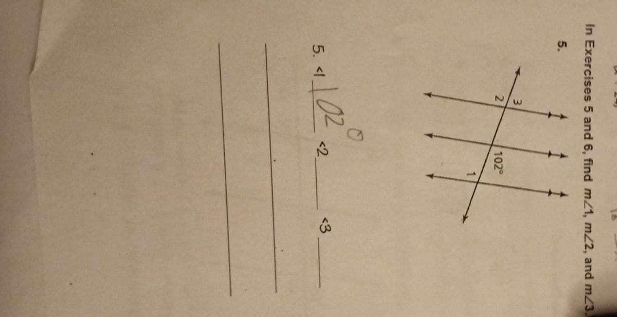 In Exercises 5 and 6, find m/1, m/2, and m23.
3
2
102°
TH
1
5.
O
5. <1
1102
<2
<3