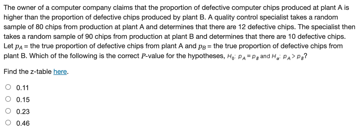 The owner of a computer company claims that the proportion of defective computer chips produced at plant A is
higher than the proportion of defective chips produced by plant B. A quality control specialist takes a random
sample of 80 chips from production at plant A and determines that there are 12 defective chips. The specialist then
takes a random sample of 90 chips from production at plant B and determines that there are 10 defective chips.
Let pA = the true proportion of defective chips from plant A and pg = the true proportion of defective chips from
plant B. Which of the following is the correct P-value for the hypotheses, Ho: PA=Pg and H PA> Pg?
Find the z-table here.
O 0.11
0.15
0.23
0.46
