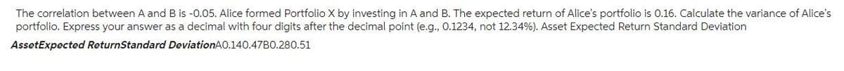 The correlation between A and B is -0.05. Alice formed Portfolio X by investing in A and B. The expected return of Alice's portfolio is 0.16. Calculate the variance of Alice's
portfolio. Express your answer as a decimal with four digits after the decimal point (e.g., 0.1234, not 12.34%). Asset Expected Return Standard Deviation
AssetExpected ReturnStandard DeviationAO.140.47B0.280.51