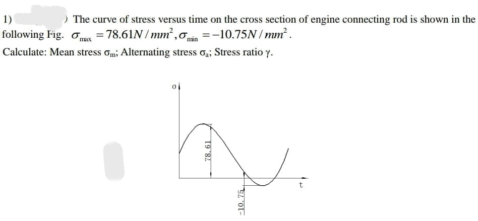 ) The curve of stress versus time on the cross section of engine connecting rod is shown in the
=-10.75N/ mm? .
1)
following Fig. oax = 78.61N /mm,omin
Calculate: Mean stress om; Alternating stress oa; Stress ratio y.
t
78. 61
-10.75
