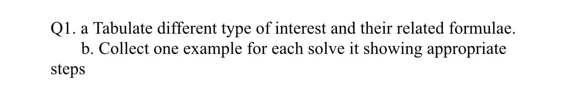 Q1. a Tabulate different type of interest and their related formulae.
b. Collect one example for each solve it showing appropriate
steps
