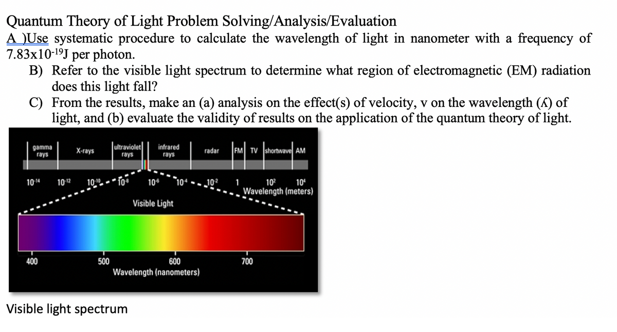 Quantum Theory of Light Problem Solving/Analysis/Evaluation
A )Use systematic procedure to calculate the wavelength of light in nanometer with a frequency of
7.83x10-19J per photon.
B) Refer to the visible light spectrum to determine what region of electromagnetic (EM) radiation
does this light fall?
C) From the results, make an (a) analysis on the effect(s) of velocity, v on the wavelength (6) of
light, and (b) evaluate the validity of results on the application of the quantum theory of light.
ultraviolet
infrared
gamma
rays
X-rays
FM TV shortwave AM
radar
rays
гаys
104
10-12
100
To
10 104 -- 10²
10
1
10
Wavelength (meters)
Visible Light
400
500
600
700
Wavelength (nanometers)
Visible light spectrum
