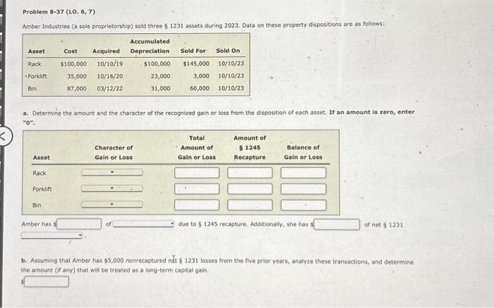 Problem 8-37 (LO. 6, 7)
Amber Industries (a sole proprietorship) sold three 5 1231 assets during 2023. Data on these property dispositions are as follows:
Accumulated
Asset
Rack
Cost Acquired Depreciation
$100,000 10/10/19
Sold For
Sold On
$100,000
$145,000
10/10/23
•Forklift
Bin
35,000
87,000
10/16/20
23,000
3,000 10/10/23
03/12/22
31,000
60,000 10/10/23
a. Determine the amount and the character of the recognized gain or loss from the disposition of each asset. If an amount is zero, enter
"0".
Asset
Character of
Gain or Loss
Total
Amount of
Gain or Loss
Amount of
$1245
Recapture
Balance of
Gain or Loss
Rack
Forklift
Bin
Amber has
due to 5 1245 recapture. Additionally, she has s
of net 5 1231
b. Assuming that Amber has $5,000 nonrecaptured nåt § 1231 losses from the five prior years, analyze these transactions, and determine
the amount (if any) that will be treated as a long-term capital gain.