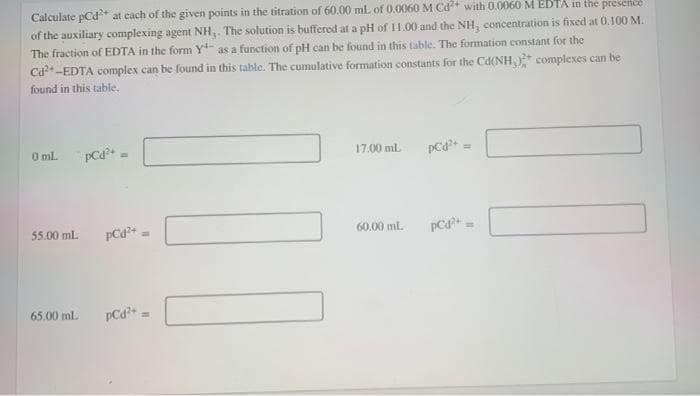 Calculate pCd²+ at each of the given points in the titration of 60.00 mL of 0.0060 M Cd²+ with 0.0060 M EDTA in the presence
of the auxiliary complexing agent NH,. The solution is buffered at a pH of 11.00 and the NH, concentration is fixed at 0.100 M.
The fraction of EDTA in the form Y as a function of pH can be found in this table. The formation constant for the
Cd²+ -EDTA complex can be found in this table. The cumulative formation constants for the Cd(NH,)2+ complexes can be
found in this table.
0 mL.
pCd²+ =
17.00 ml
pCd²+
55.00 mL
60.00 ml.
pCd²+ =
65.00 ml.
pCd²+ =
pCd²+ =
=
[1