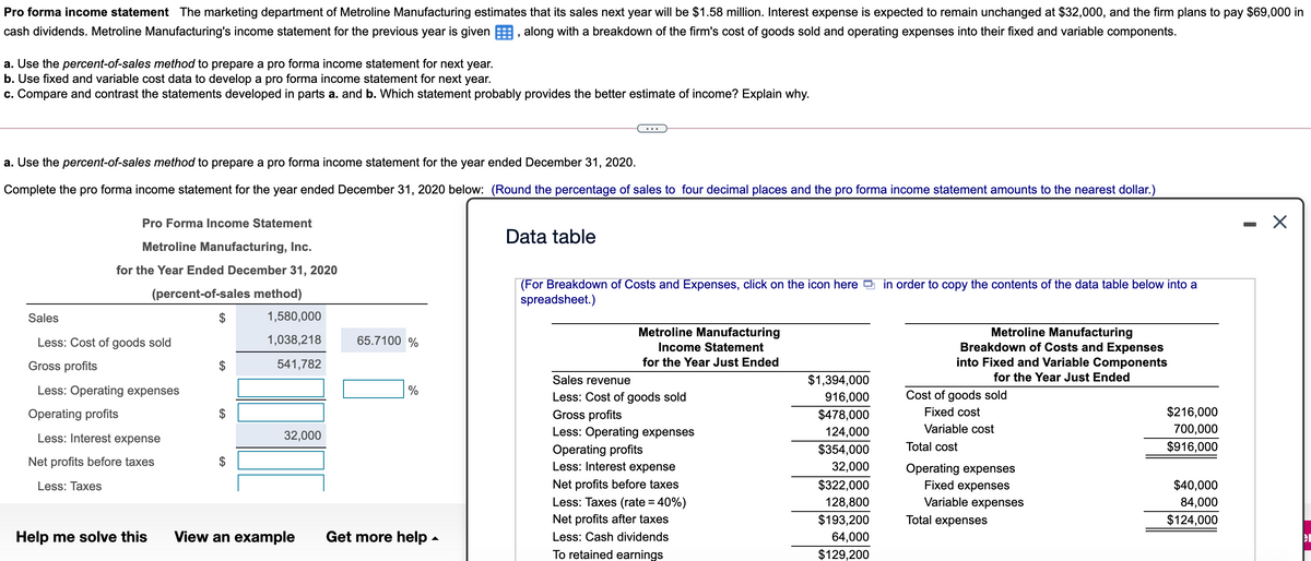 Pro forma income statement The marketing department of Metroline Manufacturing estimates that its sales next year will be $1.58 million. Interest expense is expected to remain unchanged at $32,000, and the firm plans to pay $69,000 in
cash dividends. Metroline Manufacturing's income statement for the previous year is given
along with a breakdown of the firm's cost of goods sold and operating expenses into their fixed and variable components.
a. Use the percent-of-sales method to prepare a pro forma income statement for next year.
b. Use fixed and variable cost data to develop a pro forma income statement for next year.
c. Compare and contrast the statements developed in parts a. and b. Which statement probably provides the better estimate of income? Explain why.
a. Use the percent-of-sales method to prepare a pro forma income statement for the year ended December 31, 2020.
Complete the pro forma income statement for the year ended December 31, 2020 below: (Round the percentage of sales to four decimal places and the pro forma income statement amounts to the nearest dollar.)
- X
Pro Forma Income Statement
Data table
Metroline Manufacturing, Inc.
for the Year Ended December 31, 2020
(For Breakdown of Costs and Expenses, click on the icon here O in order to copy the contents of the data table below into a
spreadsheet.)
(percent-of-sales method)
Sales
1,580,000
Metroline Manufacturing
Metroline Manufacturing
Breakdown of Costs and Expenses
into Fixed and Variable Components
Less: Cost of goods sold
1,038,218
65.7100 %
Income Statement
Gross profits
2$
541,782
for the Year Just Ended
Sales revenue
$1,394,000
for the Year Just Ended
Less: Operating expenses
Less: Cost of goods sold
916,000
Cost of goods sold
Fixed cost
$216,000
Gross profits
Less: Operating expenses
Operating profits
$478,000
Less: Interest expense
32,000
124,000
Variable cost
700,000
$354,000
Total cost
$916,000
Operating profits
Less: Interest expense
Net profits before taxes
2$
32,000
Operating expenses
Fixed expenses
Less: Taxes
Net profits before taxes
$322,000
$40,000
Less: Taxes (rate = 40%)
128,800
Variable expenses
84,000
Net profits after taxes
$193,200
Total expenses
$124,000
Help me solve this
View an example
Get more help -
Less: Cash dividends
64,000
To retained earnings
$129,200
