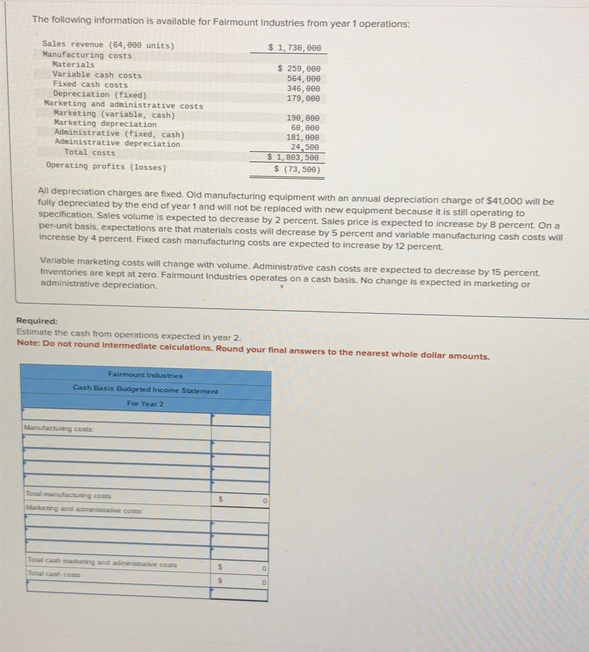 The following information is available for Fairmount Industries from year 1 operations:
Sales revenue (64,000 units)
Manufacturing costs
Materials
Variable cash costs
Fixed cash costs
Depreciation (fixed)
Marketing and administrative costs
Marketing (variable, cash)
Marketing depreciation
Administrative (fixed, cash)
Administrative depreciation
Total costs
Operating profits (losses)
$ 1,730,000
$ 259,000
564,000
346,000
179,000
190,000
60,000
181,000
24,500
$ 1,803,500
$ (73,500)
All depreciation charges are fixed. Old manufacturing equipment with an annual depreciation charge of $41,000 will be
fully depreciated by the end of year 1 and will not be replaced with new equipment because it is still operating to
specification. Sales volume is expected to decrease by 2 percent. Sales price is expected to increase by 8 percent. On a
per-unit basis, expectations are that materials costs will decrease by 5 percent and variable manufacturing cash costs will
increase by 4 percent. Fixed cash manufacturing costs are expected to increase by 12 percent.
Variable marketing costs will change with volume. Administrative cash costs are expected to decrease by 15 percent.
Inventories are kept at zero. Fairmount Industries operates on a cash basis. No change is expected in marketing or
administrative depreciation.
Required:
Estimate the cash from operations expected in year 2.
Note: Do not round intermediate calculations. Round your final answers to the nearest whole dollar amounts.
Fairmount Industries
Cash Basis Budgeted Income Statement
Manufacturing costs:
For Year 2
Total manufacturing costs
$
0
Marketing and administrative costs:
Total cash marketing and administrative costs
$
0
Total cash costs
S
0