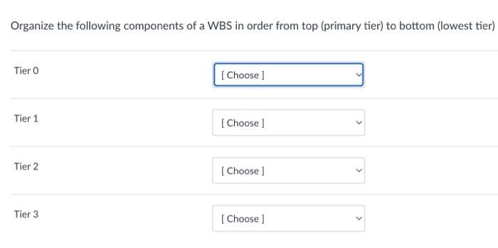 Organize the following components of a WBS in order from top (primary tier) to bottom (lowest tier)
Tier 0
Tier 1
Tier 2
Tier 3
[Choose ]
[Choose ]
[Choose ]
[Choose ]