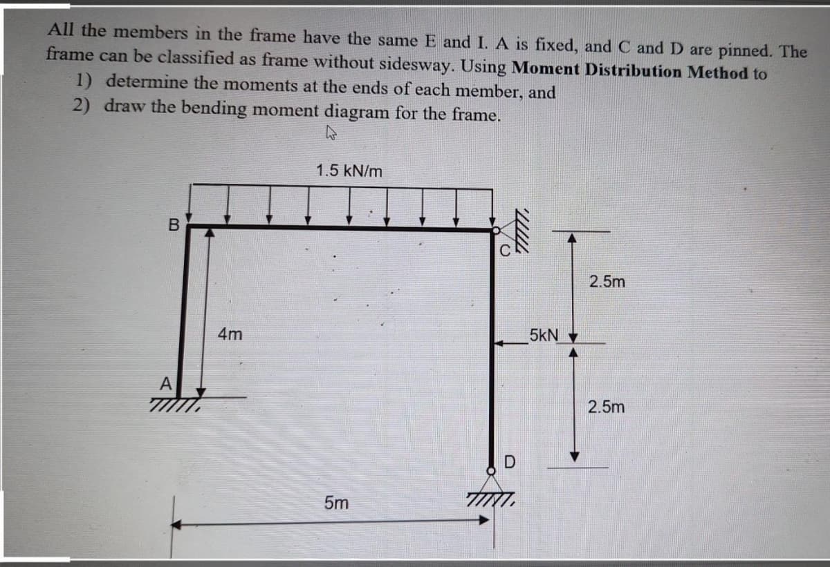 All the members in the frame have the same E and I. A is fixed, and C and D are pinned. The
frame can be classified as frame without sidesway. Using Moment Distribution Method to
1) determine the moments at the ends of each member, and
2) draw the bending moment diagram for the frame.
1.5 kN/m
2.5m
4m
5kN
2.5m
5m
