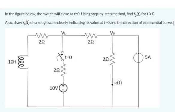 In the figure below, the switch will close at t=0. Using step-by-step method, find i,(t) for t>0.
Also, draw i,(t) on a rough scale clearly indicating its value at t-0 and the direction of exponential curve. [
VL
Vo
20
t=0
20.
5A
10H
20.
io(t)
10V
leee!
