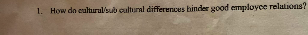 1. How do cultural/sub cultural differences hinder good employee relations?
