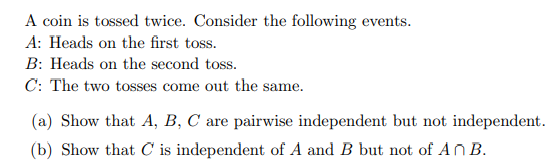 A coin is tossed twice. Consider the following events.
A: Heads on the first toss.
B: Heads on the second toss.
C: The two tosses come out the same.
(a) Show that A, B, C are pairwise independent but not independent.
(b) Show that C is independent of A and B but not of Añ B.