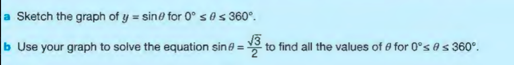 a Sketch the graph of y = sine for 0° s0 s 360°.
b Use your graph to solve the equation sin =
to find all the values of 0 for 0°s 0s 360°.
