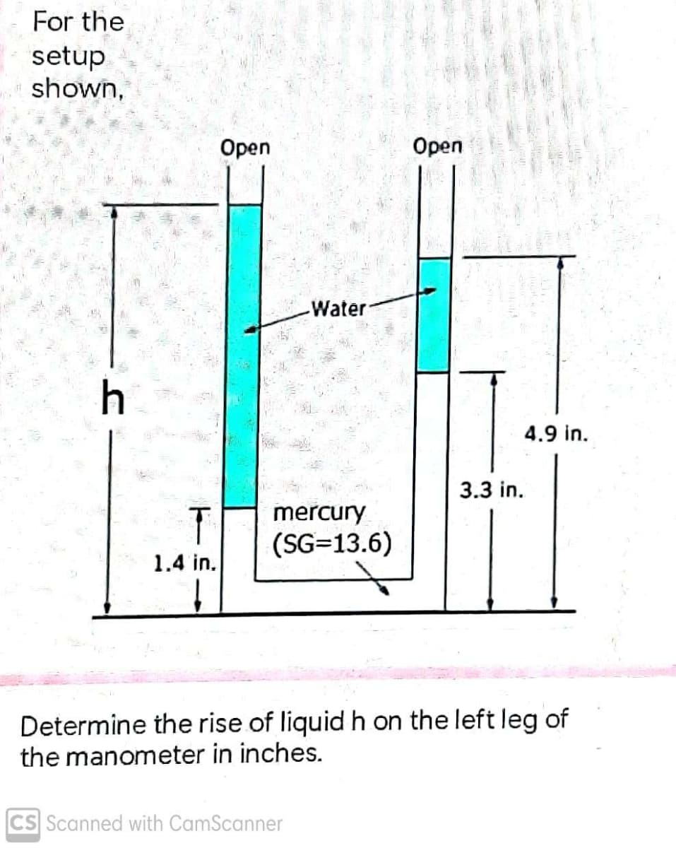 For the
setup
shown,
Оpen
Open
Water
h
4.9 in.
3.3 in.
mercury
(SG=13.6)
1.4 in.
Determine the rise of liquid h on the left leg of
the manometer in inches.
CS Scanned with CamScanner
