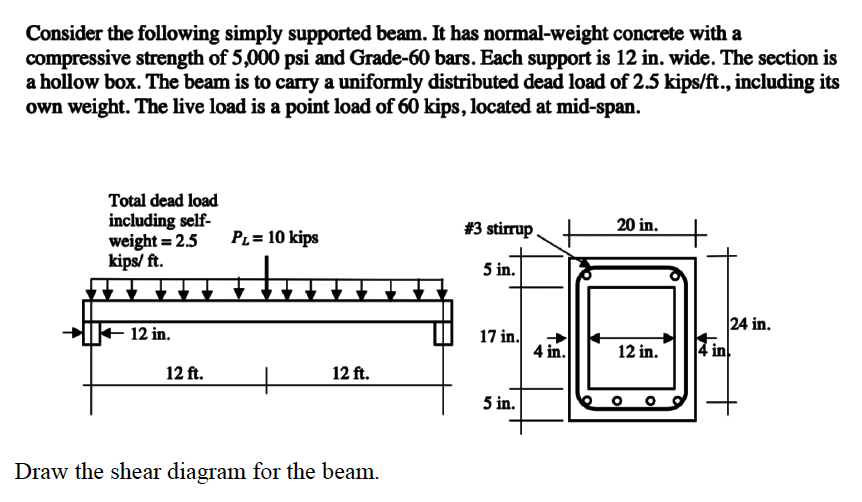 Consider the following simply supported beam. It has normal-weight concrete with a
compressive strength of 5,000 psi and Grade-60 bars. Each support is 12 in. wide. The section is
a hollow box. The beam is to carry a uniformly distributed dead load of 2.5 kips/ft., including its
own weight. The live load is a point load of 60 kips, located at mid-span.
Total dead load
including self-
weight = 2.5
kips/ ft.
12 in.
12 ft.
PL = 10 kips
12 ft.
Draw the shear diagram for the beam.
# 3 stirrup
5 in.
17 in.
5 in.
4 in.
20 in.
12 in.
24 in.
4 in