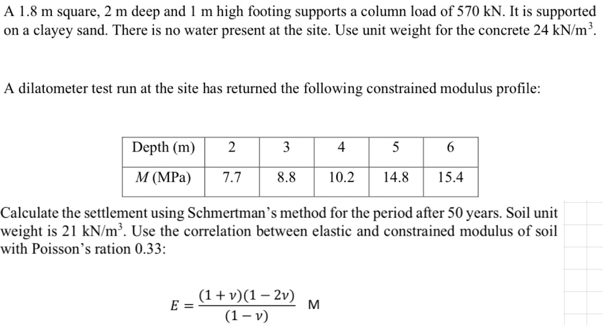 A 1.8 m square, 2 m deep and 1 m high footing supports a column load of 570 kN. It is supported
on a clayey sand. There is no water present at the site. Use unit weight for the concrete 24 kN/m³.
A dilatometer test run at the site has returned the following constrained modulus profile:
Depth (m)
M (MPa)
2
E
7.7
3
8.8
Calculate the settlement using Schmertman's method for the period after 50 years. Soil unit
weight is 21 kN/m³. Use the correlation between elastic and constrained modulus of soil
with Poisson's ration 0.33:
(1 + v)(1-2v)
(1 − v)
4
5
10.2 14.8
M
6
15.4