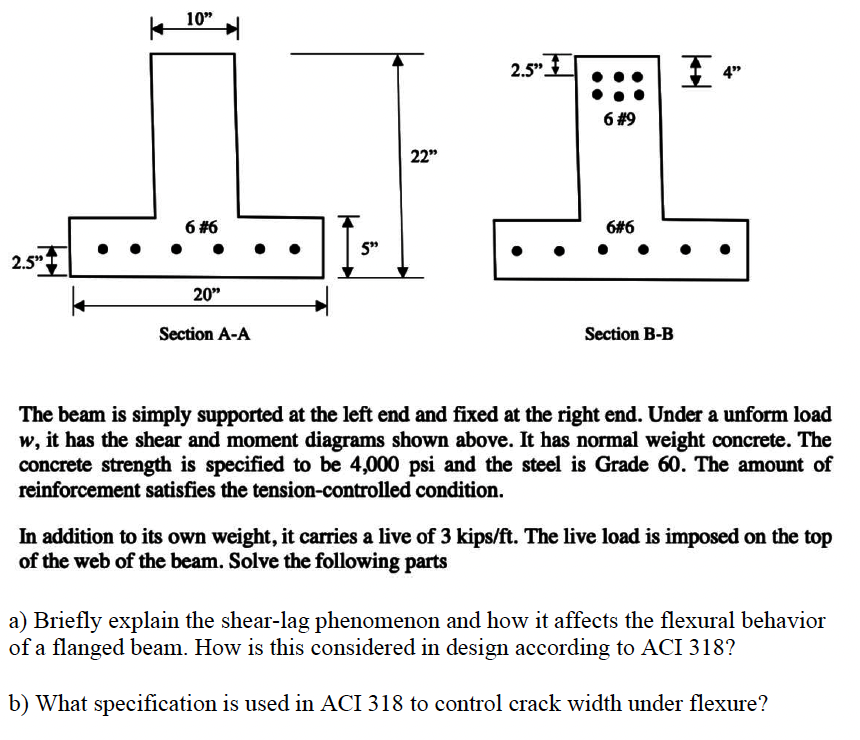 2.5"
|
10"
6 #6
20"
Section A-A
5"
22"
2.5"
6 #9
6#6
Section B-B
H
I 4"
The beam is simply supported at the left end and fixed at the right end. Under a unform load
w, it has the shear and moment diagrams shown above. It has normal weight concrete. The
concrete strength is specified to be 4,000 psi and the steel is Grade 60. The amount of
reinforcement satisfies the tension-controlled condition.
In addition to its own weight, it carries a live of 3 kips/ft. The live load is imposed on the top
of the web of the beam. Solve the following parts
a) Briefly explain the shear-lag phenomenon and how it affects the flexural behavior
of a flanged beam. How is this considered in design according to ACI 318?
b) What specification is used in ACI 318 to control crack width under flexure?