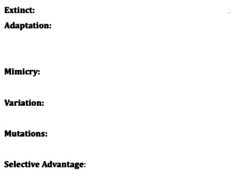 Extinct:
Adaptation:
Mimicry:
Variation:
Mutations:
Selective Advantage: