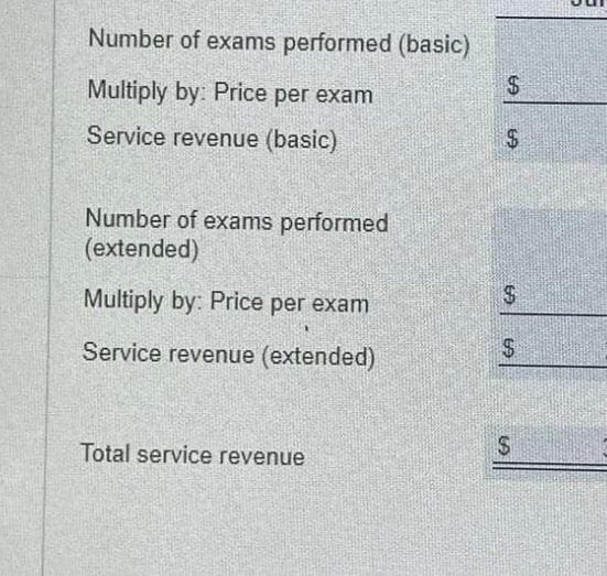 Number of exams performed (basic)
Multiply by: Price per exam
Service revenue (basic)
Number of exams performed
(extended)
Multiply by: Price per exam
Service revenue (extended)
Total service revenue
$
69
69
$
CA
69
S