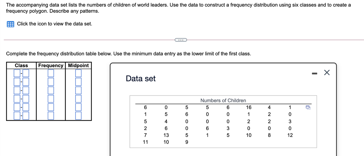 The accompanying data set lists the numbers of children of world leaders. Use the data to construct a frequency distribution using six classes and to create a
frequency polygon. Describe any patterns.
Click the icon to view the data set.
Complete the frequency distribution table below. Use the minimum data entry as the lower limit of the first class.
Class
Frequency Midpoint
- X
Data set
Numbers of Children
6.
5
16
4
1
1
6.
1
2
5
2
2
2
6.
7
13
5
1
5
10
12
11
10
9
