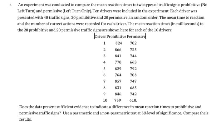 6.
An experiment was conducted to compare the mean reaction times to two types of traffic signs: prohibitive (No
Left Turn) and permissive (Left Turn Only). Ten drivers were included in the experiment. Each driver was
presented with 40 traffic signs, 20 prohibitive and 20 permissive, in random order. The mean time to reaction
and the number of correct actions were recorded for each driver. The mean reaction times (in milliseconds) to
the 20 prohibitive and 20 permissive traffic signs are shown here for each of the 10 drivers:
Driver Prohibitive Permissive
1
824
702
866
725
3
841
744
4
770
663
5
829
792
764
708
7
857
747
8
831
685
9.
846
742
10
759
610.
Does the data present sufficient evidence to indicate a difference in mean reaction times to prohibitive and
permissive traffic signs? Use a parametric and a non-parametric test at 5% level of significance. Compare their
results.
