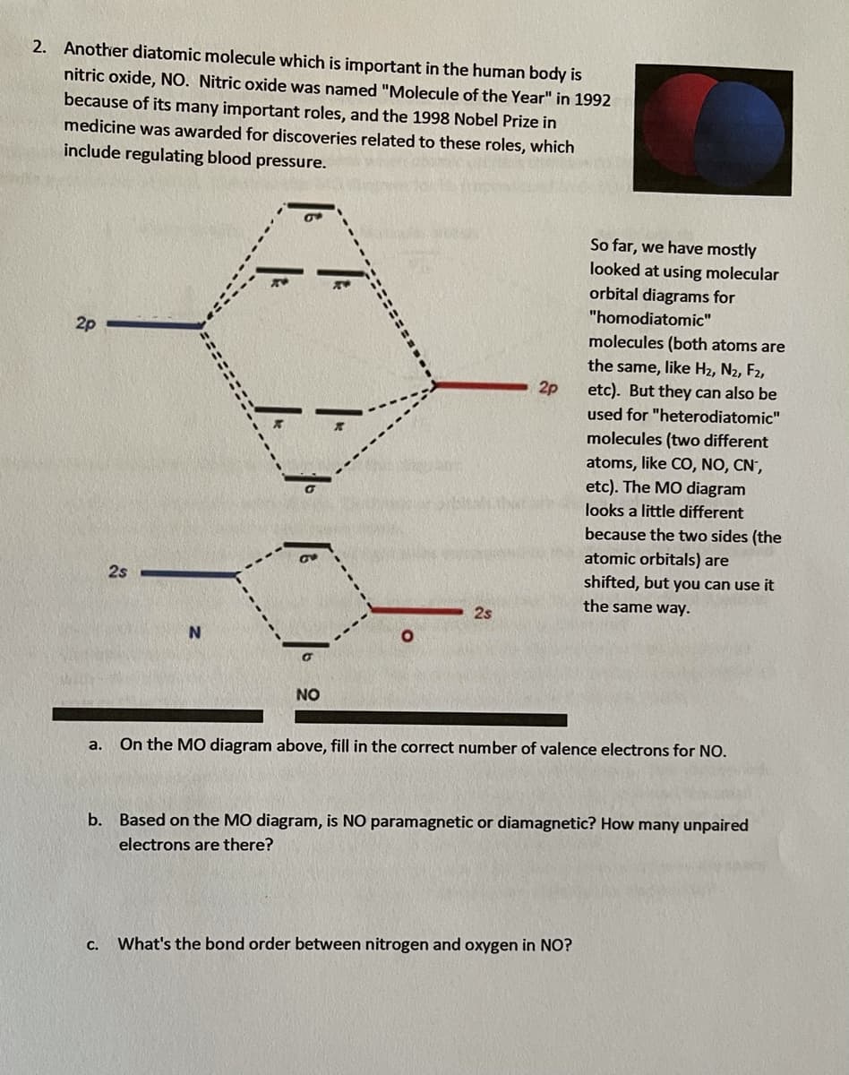 2. Another diatomic molecule which is important in the human body is
nitric oxide, NO. Nitric oxide was named "Molecule of the Year" in 1992
because of its many important roles, and the 1998 Nobel Prize in
medicine was awarded for discoveries related to these roles, which
include regulating blood pressure.
So far, we have mostly
looked at using molecular
orbital diagrams for
"homodiatomic"
2p
molecules (both atoms are
the same, like H2, N2, F2,
2p
etc). But they can also be
used for "heterodiatomic"
molecules (two different
atoms, like CO, NO, CN',
etc). The MO diagram
looks a little different
because the two sides (the
atomic orbitals) are
shifted, but you can use it
2s
the same way.
2s
NO
On the MO diagram above, fill in the correct number of valence electrons for NO.
a.
b. Based on the MO diagram, is NO paramagnetic or diamagnetic? How many unpaired
electrons are there?
С.
What's the bond order between nitrogen and oxygen in NO?
