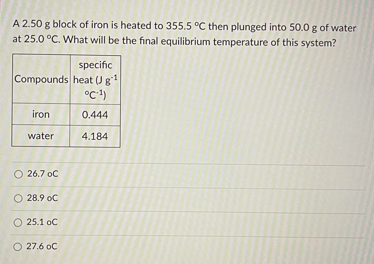 A 2.50 g block of iron is heated to 355.5 °C then plunged into 50.0 g of water
at 25.0 °C. What will be the final equilibrium temperature of this system?
specific
Compounds heat (J g
°c-1)
iron
0.444
water
4.184
O 26.7 oC
28.9 oC
25.1 oC
O 27.6 oC
