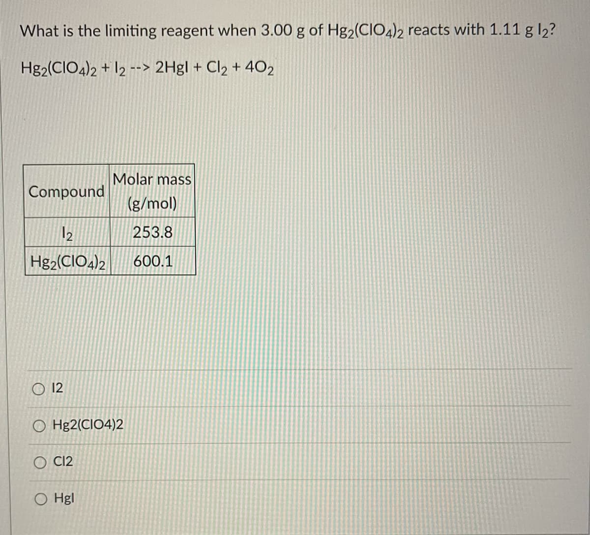 What is the limiting reagent when 3.00 g of Hg2(CIO,)2 reacts with 1.11 g l2?
Hg2(CIO4)2 + I2 --> 2Hgl + Cl2 + 402
Molar mass
Compound
(g/mol)
12
253.8
Hg2(CIO4)2
600.1
O 12
O Hg2(CIO4)2
O C12
O Hgl
