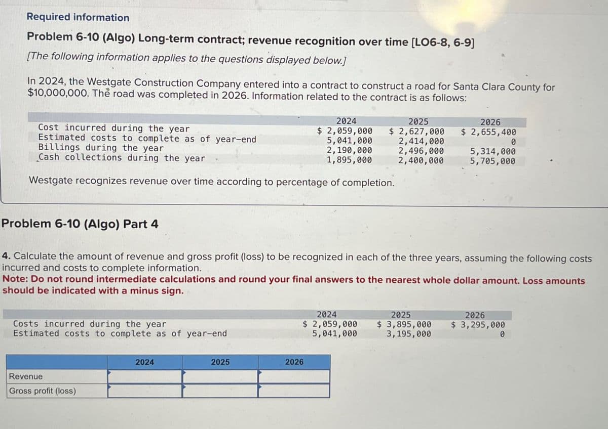 Required information
Problem 6-10 (Algo) Long-term contract; revenue recognition over time [LO6-8, 6-9]
[The following information applies to the questions displayed below.)
In 2024, the Westgate Construction Company entered into a contract to construct a road for Santa Clara County for
$10,000,000. The road was completed in 2026. Information related to the contract is as follows:
Cost incurred during the year
Estimated costs to complete as of year-end
2024
$ 2,059,000
5,041,000
2,190,000
2025
$ 2,627,000
2,414,000
2,496,000
2026
$ 2,655,400
0
1,895,000
2,400,000
5,314,000
5,705,000
Billings during the year
Cash collections during the year
Westgate recognizes revenue over time according to percentage of completion.
Problem 6-10 (Algo) Part 4
4. Calculate the amount of revenue and gross profit (loss) to be recognized in each of the three years, assuming the following costs
incurred and costs to complete information.
Note: Do not round intermediate calculations and round your final answers to the nearest whole dollar amount. Loss amounts
should be indicated with a minus sign.
Costs incurred during the year
Estimated costs to complete as of year-end
Revenue
Gross profit (loss)
2024
2025
2026
2024
$ 2,059,000
5,041,000
2025
$3,895,000
3,195,000
2026
$ 3,295,000
0