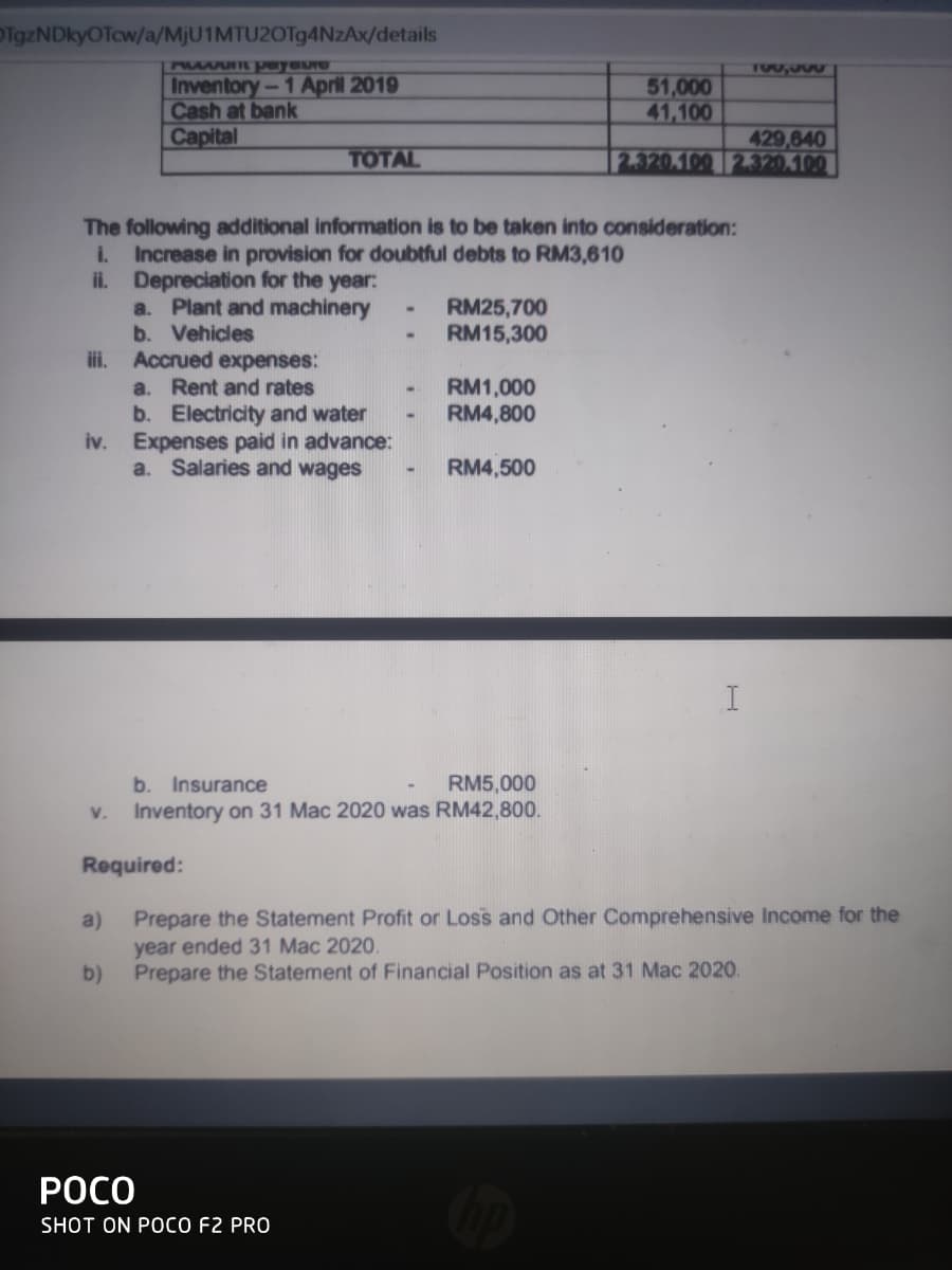 TgzNDkyOTcw/a/MJU1MTU2OT94NZAX/details
PRAVUTE Peyaurd
TO0,000
Inventory-1 April 2019
Cash at bank
Capital
51,000
41,100
429,840
320.100 2.320.100
TOTAL
The following additional information is to be taken into consideration:
i. Increase in provision for doubtful debts to RM3,610
ii. Depreciation for the year:
a. Plant and machinery
b. Vehicles
ii.
RM25,700
RM15,300
Accrued expenses:
a. Rent and rates
b. Electricity and water
iv. Expenses paid in advance:
a. Salaries and wages
RM1,000
RM4,800
RM4,500
RM5,000
Inventory on 31 Mac 2020 was RM42,800.
b. Insurance
V.
Required:
a)
Prepare the Statement Profit or Loss and Other Comprehensive Income for the
year ended 31 Mac 2020.
b)
Prepare the Statement of Financial Position as at 31 Mac 2020.
РОСО
SHOT ON POCO F2 PRO
