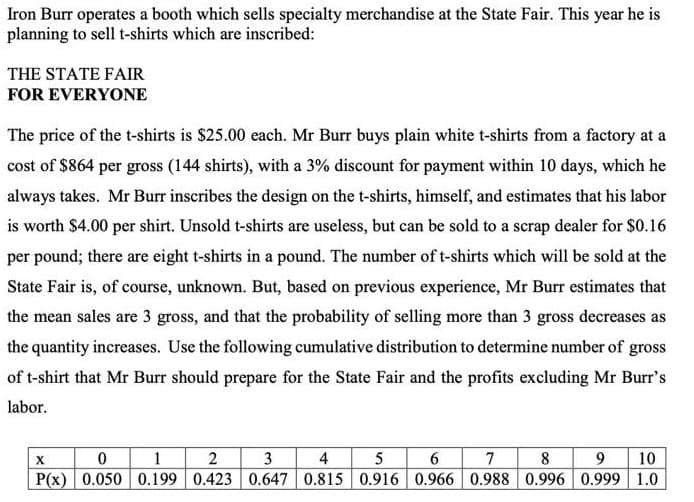 Iron Burr operates a booth which sells specialty merchandise at the State Fair. This year he is
planning to sell t-shirts which are inscribed:
THE STATE FAIR
FOR EVERYONE
The price of the t-shirts is $25.00 each. Mr Burr buys plain white t-shirts from a factory at a
cost of $864 per gross (144 shirts), with a 3% discount for payment within 10 days, which he
always takes. Mr Burr inscribes the design on the t-shirts, himself, and estimates that his labor
is worth $4.00 per shirt. Unsold t-shirts are useless, but can be sold to a scrap dealer for $0.16
per pound; there are eight t-shirts in a pound. The number of t-shirts which will be sold at the
State Fair is, of course, unknown. But, based on previous experience, Mr Burr estimates that
the mean sales are 3 gross, and that the probability of selling more than 3 gross decreases as
the quantity increases. Use the following cumulative distribution to determine number of gross
of t-shirt that Mr Burr should prepare for the State Fair and the profits excluding Mr Burr's
labor.
0 1
P(x) 0.050 0.199 0.423 0.647 0.815 0.916 0.966 0.988 0.996 0.999 1.0
2
3
4
5
6 7
8
9
10
X
