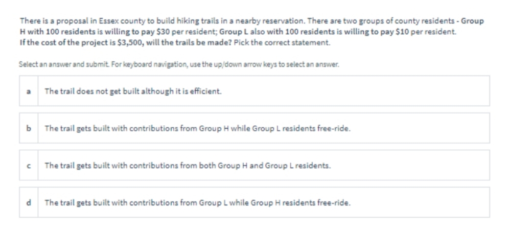 There is a proposal in Essex county to build hiking trails in a nearby reservation. There are two groups of county residents - Group
H with 100 residents is willing to pay $30 per resident; Group L also with 100 residents is willing to pay $10 per resident.
If the cost of the project is $3,500, will the trails be made? Pick the correct statement.
Select an answer and submit. For keyboard navigation, use the up/down arrow keys to select an answer.
a
The trail does not get built although it is efficient.
b
The trail gets built with contributions from Group H while Group L residents free-ride.
с
The trail gets built with contributions from both Group H and Group L residents.
d
The trail gets built with contributions from Group L while Group H residents free-ride.