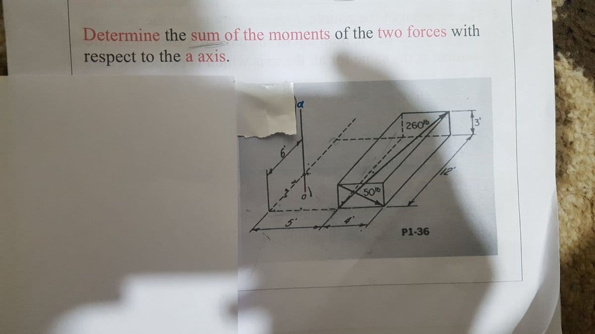 Determine the sum of the moments of the two forces with
respect to the a axis.
|260b
50b
5'
P1-36
