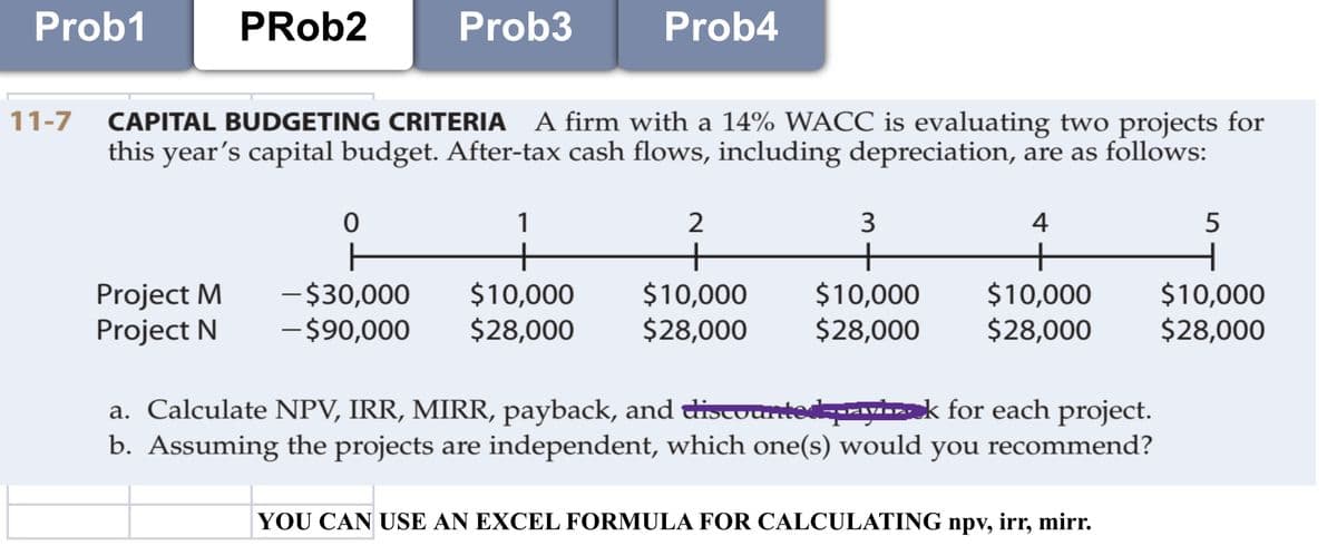 Prob1
PRob2
Prob3
Prob4
CAPITAL BUDGETING CRITERIA A firm with a 14% WACC is evaluating two projects for
this year's capital budget. After-tax cash flows, including depreciation, are as follows:
11-7
1
3
4
+
$10,000
$28,000
+
$10,000
$28,000
+
$10,000
$28,000
-$30,000
Project M
Project N
$10,000
$28,000
$10,000
$28,000
- $90,000
a. Calculate NPV, IRR, MIRR, payback, and distountedvk for each project.
b. Assuming the projects are independent, which one(s) would you recommend?
YOU CAN USE AN EXCEL FORMULA FOR CALCULATING npv, irr, mirr.
