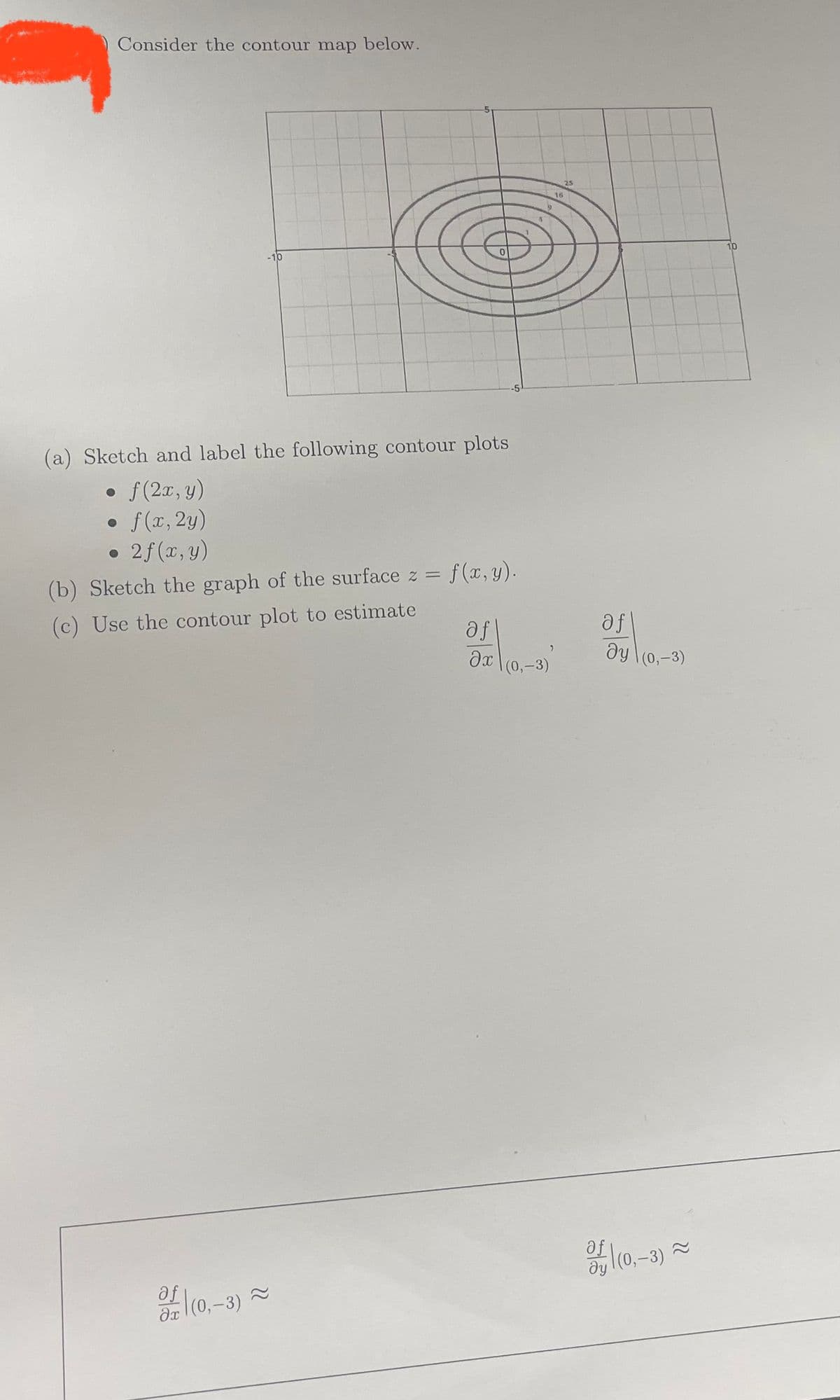 Consider the contour map below.
-10
0
(a) Sketch and label the following contour plots
• f(2x, y)
●
• f(x, 2y)
• 2f(x, y)
(b) Sketch the graph of the surface z = f(x, y).
(c) Use the contour plot to estimate
af
of (0,-3)~
a
9
af
ax(0,-3)
16
25
af
ay (0,-3)
ду
(0,-3)~
10