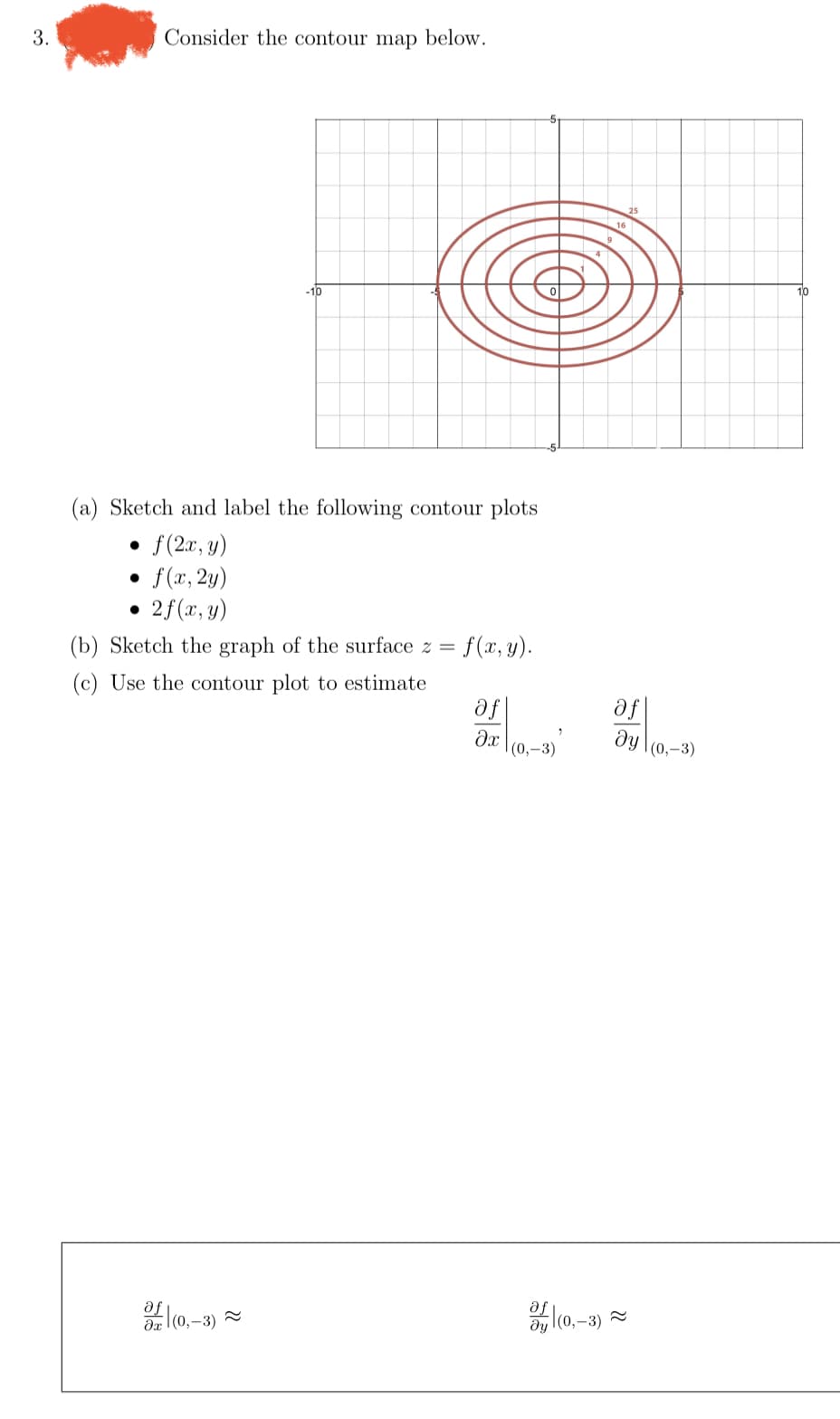 3.
●
(a) Sketch and label the following contour plots
f (2x, y)
●
Consider the contour map below.
●
f(x, 2y)
2 f(x, y)
-10
(b) Sketch the graph of the surface z = = f(x, y).
(c) Use the contour plot to estimate
Əf
dx (0,-3)~
af
əx
1 (0,-3)
32
7
af
ду
dy (0,-3) ~
lo,
(0,-3)