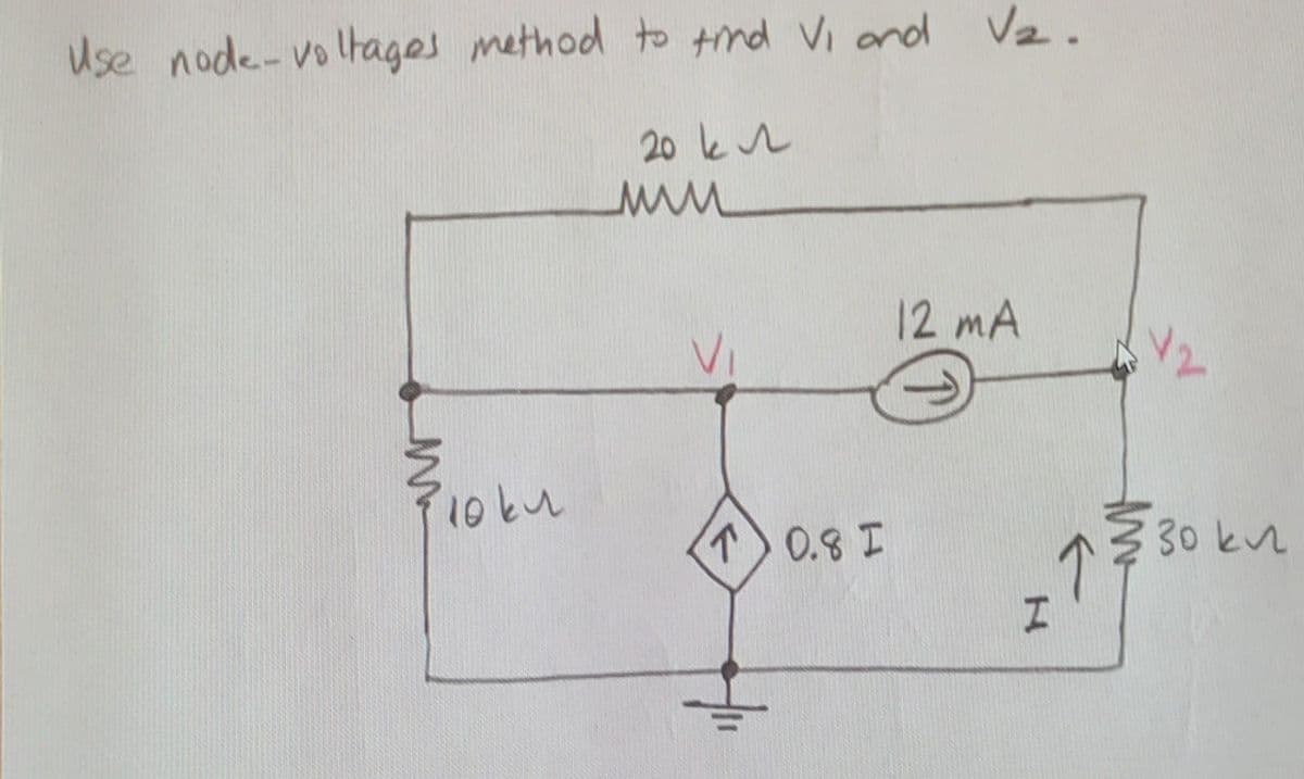 Use node-voltages method to find VI and V₂.
20 кл
мили
ми
10 ки
Vi
1) 0.8 I
12 mA
I
Т
Va
330 ки